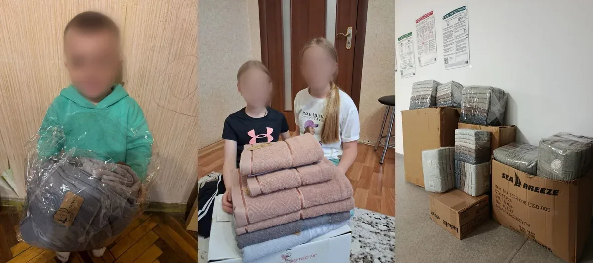 Діти отримують рушники від благодійників у Чаплинській громаді 1