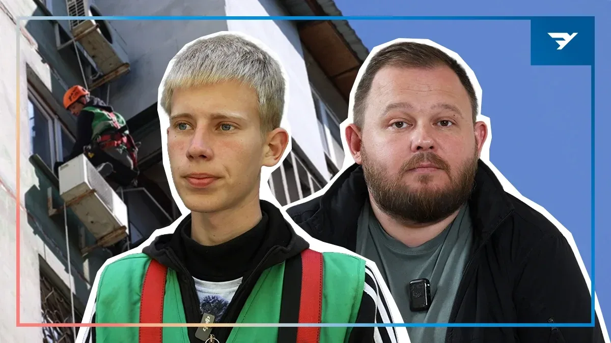 Працівники комунального підприємства «Парки Херсона» закривають вибиті вікна пошкодженої будівлі ОСБ-листами 2