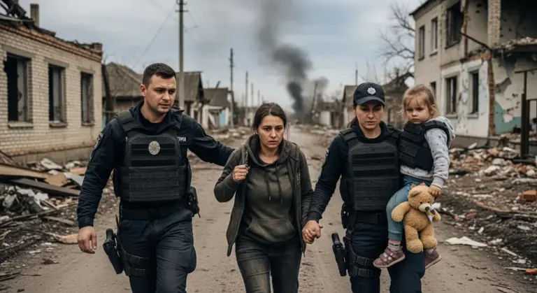 Поліцейські евакуюють матір з дитиною з прифронтового села на Херсонщині, дитина в бронежилеті