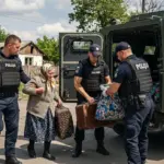 Поліцейські допомагають 72-річній жінці евакуюватися з прифронтового села на Херсонщині.