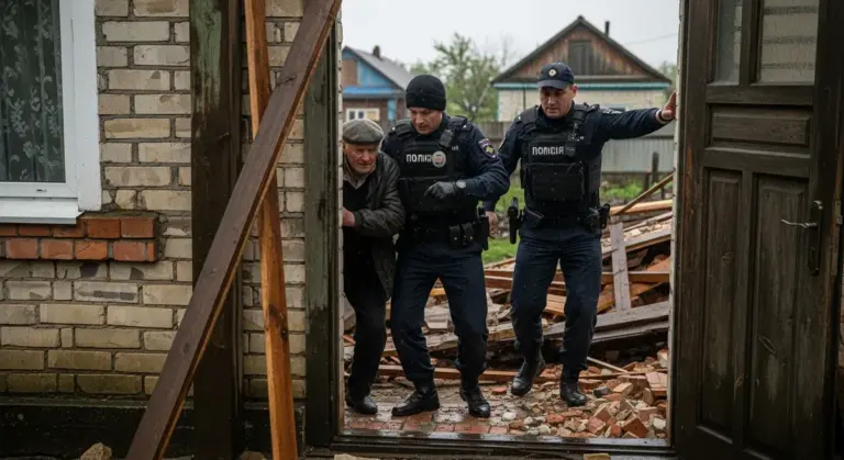 Поліцейські евакуюють літнього чоловіка з прифронтового села на Херсонщині, де активні ворожі дрони