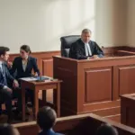 Жінка в залі суду з юристом, яка дає свідчення або очікує рішення.