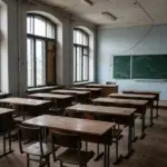 Херсон 2026 — порожній клас у школі під час війни, парти без дітей
