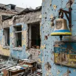 Шкільний дзвоник на пошкодженій стіні школи в Херсоні, 2026
