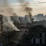 Наслідки обстрілів Херсонщини: пошкоджені будинки, зруйнована інфраструктура, видно дим після вибухів