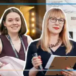 Логотип фестивалю Docudays UA та кінокамера на фоні міських декорацій.