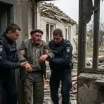 Поліцейські евакуюють пораненого літнього чоловіка після удару дрона по будинку в Новоолександрівській громаді на Херсонщині