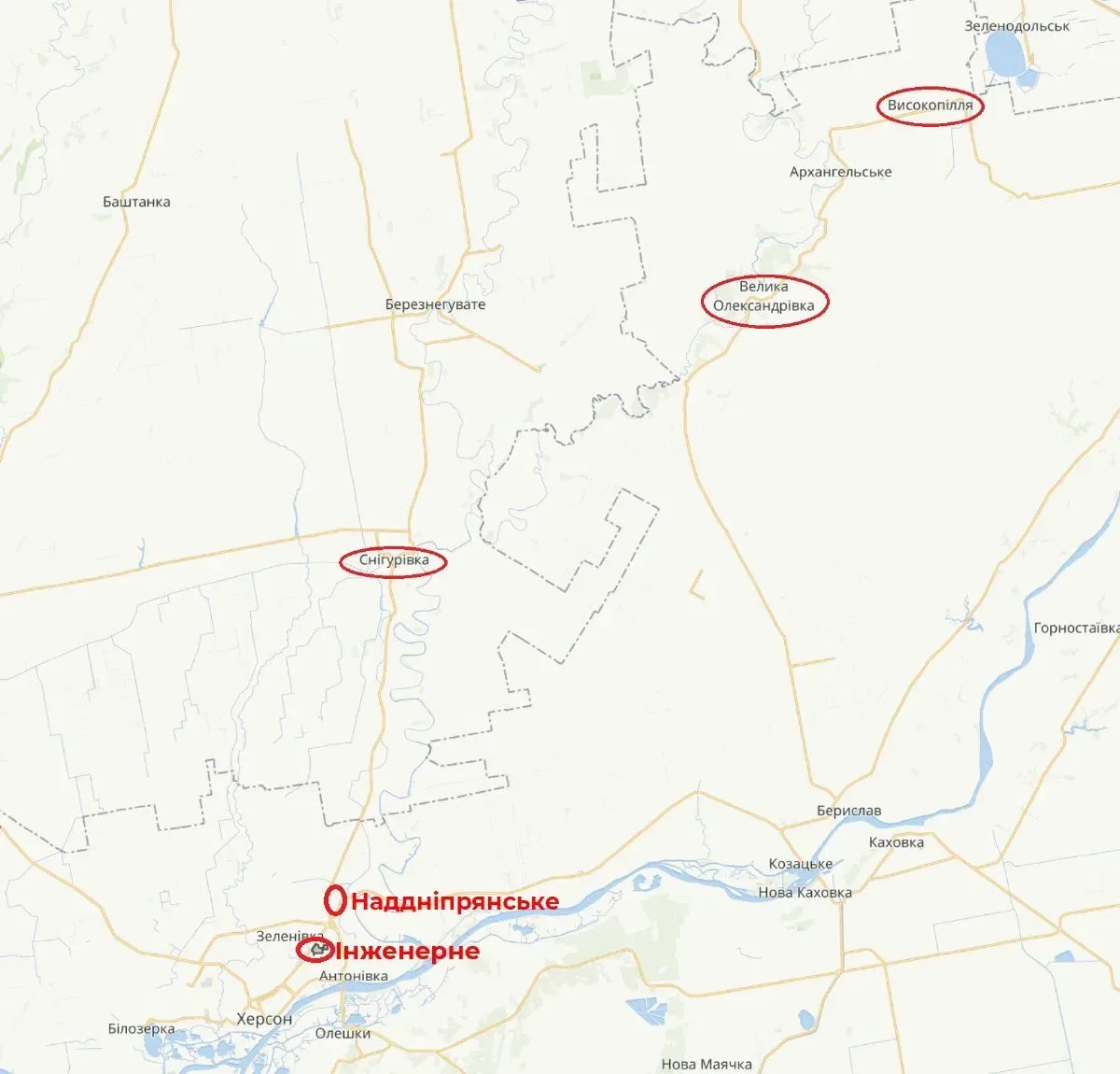 Карта Херсонської області з позначками місць, де росіяни вигадали спалах сибірської виразки. 2