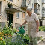 Літня жінка поливає волошки біля під'їзду в Херсоні під час війни