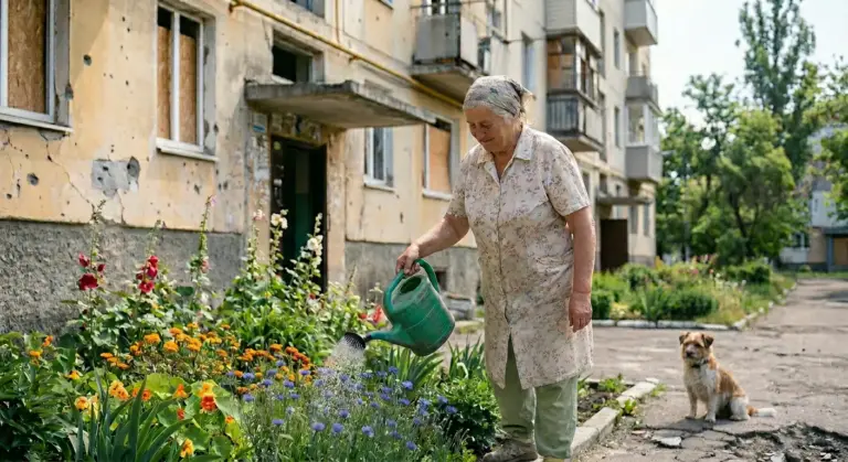 Літня жінка поливає волошки біля під'їзду в Херсоні під час війни
