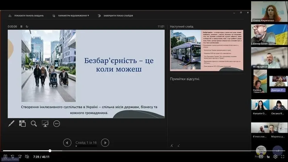 Учасники навчання з супроводу ветеранів Херсонської ОДА обговорюють принципи безбар'єрності. 1