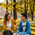 Доросла людина підтримує підлітка, який посміхається. Символізує наставництво та підтримку.
