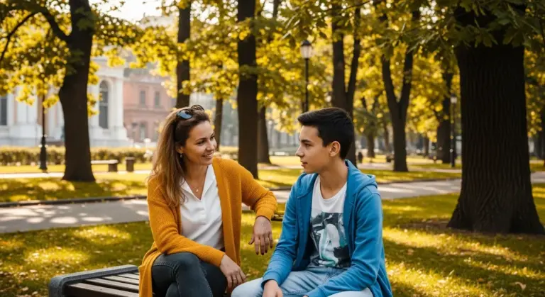 Доросла людина підтримує підлітка, який посміхається. Символізує наставництво та підтримку.