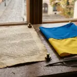 Старовинний рукопис поруч із сучасним українським прапором - ілюстрація до матеріалу про 30-річчя Конституції України