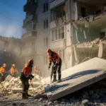Рятувальники розбирають завали зруйнованої будівлі після обстрілу на Херсонщині