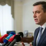 Олександр Прокудін під час щотижневого брифінгу в Херсоні, розповідає про підсумки тижня