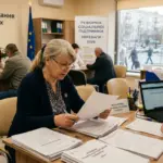 Оформлення соціальної допомоги в Україні 2026 — жінка з документами у відділі соцзахисту
