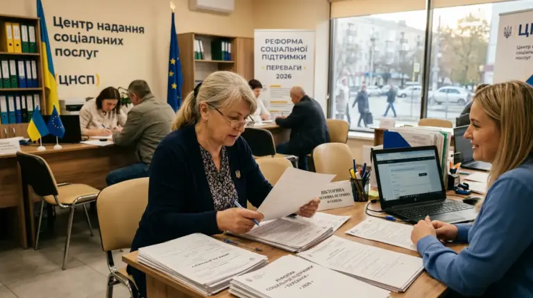 Оформлення соціальної допомоги в Україні 2026 — жінка з документами у відділі соцзахисту