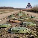 Схематичне зображення дистанційного мінування, міни розкидані по різних поверхнях, з дотриманням правил безпеки