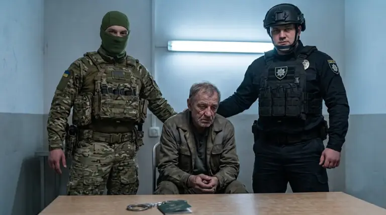 Літній чоловік у цивільному між працівником ТЦК у балаклаві та поліцейським - символ примусової мобілізації в Україні, 2026 рік