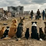 Собаки і коти дивляться вслід людям які йдуть з речами крізь зруйноване місто - тварини Херсонщини залишені сам на сам