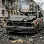 Пошкоджений цивільний автомобіль після атаки дрона в Херсоні