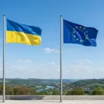Прапор України та ЄС на фоні Брюсселя переговори про вступ 2026