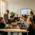 Студенти працюють за комп'ютерами в сучасному освітньому просторі, символ безкоштовної ІТ-освіти