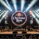 Логотип фестивалю Червона рута на фоні сцени, яка освітлена прожекторами.