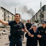 Поліцейські допомагають людям евакуюватися з небезпечної зони Новорайської громади через обстріли дронами.