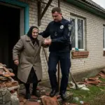 Поліцейські евакуюють літню жінку з пошкодженого обстрілами будинку в Новорайській громаді на Херсонщині