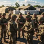Воїни 123-ї бригади ТРО відзначають річницю підрозділу, поряд речник морської піхоти проводить брифінг.