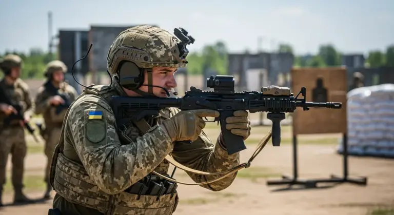 Український військовий тримає автомат, на фоні прапор України та військова техніка.