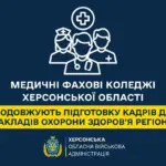 Група молодих медиків у Херсоні отримує дипломи на урочистій церемонії випуску, що символізує поповнення кадрів регіону.