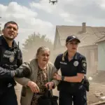 Поліцейські евакуюють літню жінку з прифронтового села Херсонщини під загрозою обстрілу та дронів