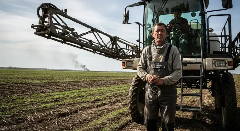 Аграрій на Херсонщині працює в полі під загрозою російських дронів, сільськогосподарська техніка на фоні
