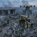 російські дрони над зруйнованим містом, ілюстрація до статті про дронові атаки на Херсонщині