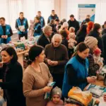 Співробітники гуманітарного центру «Вільні разом» та переселенці з Херсонщини святкують річницю роботи центру у Львові.