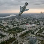 Керована авіабомба летить над містом з річкою, вдалині видно дим від попередніх влучань