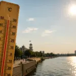 Термометр на тлі сонячного дня біля Дніпра — ілюстрація до прогнозу нової хвилі аномальної спеки на Херсонщині у липні 2026 року.