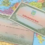 Жінка тримає в руках документ про освіту на фоні зруйнованого Херсона