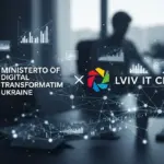 Логотип Міністерства цифрової трансформації України та Львівського ІТ Кластера на фоні силуету комп'ютерної мережі, що символізує дослідження ІТ-галузі.