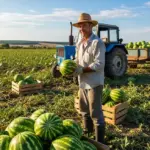 Свіжі херсонські кавуни, що лежать на землі після збору врожаю, з фермером на задньому плані