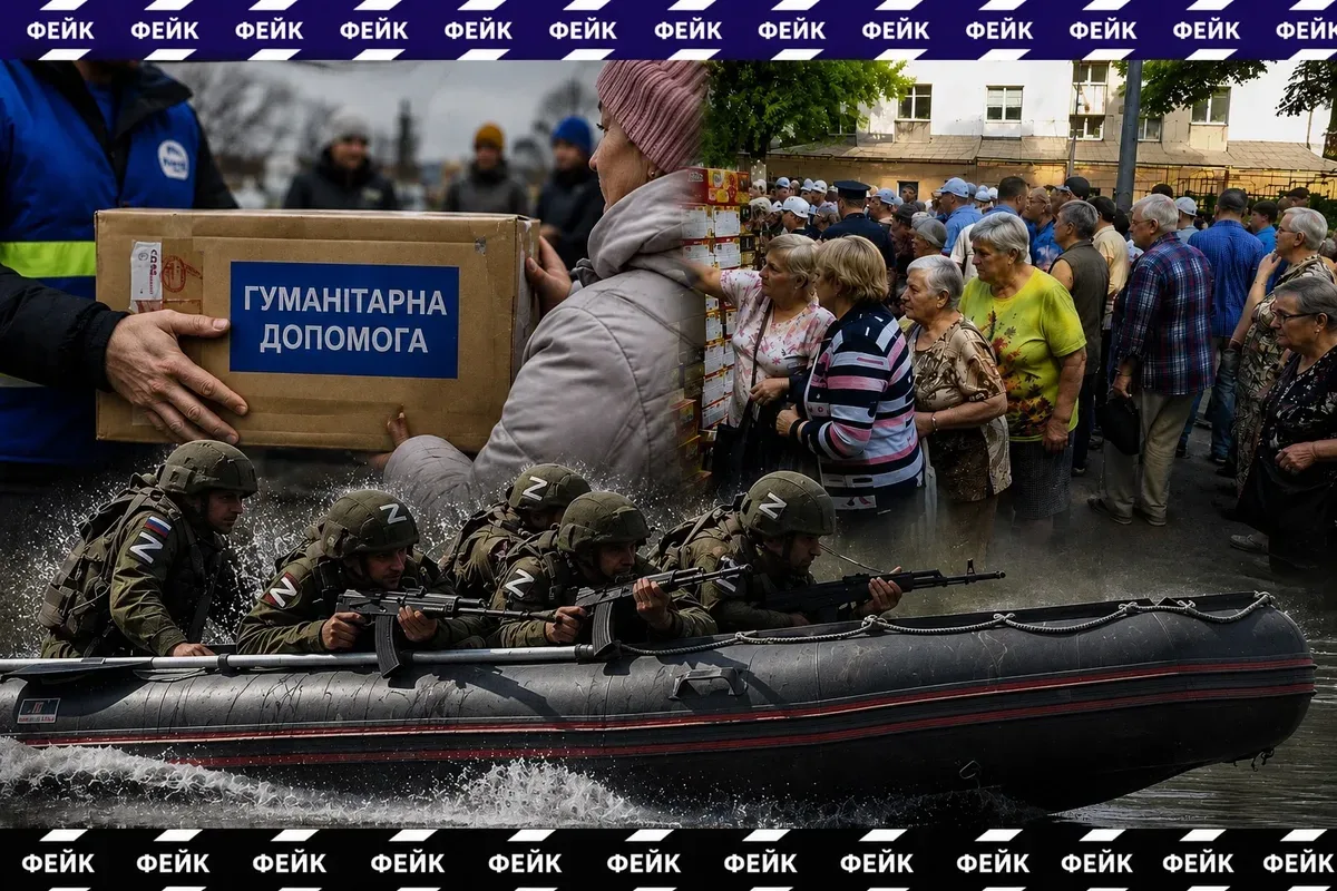 Карта бойових дій з позначенням Херсона та Дніпра, на фоні якої символічно зображено фейкові новини та дезінформацію. 6