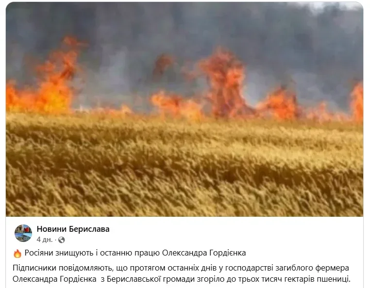 Палаючі поля на Херсонщині, які окупанти приписують ЗСУ, насправді є результатом їхніх обстрілів. 2