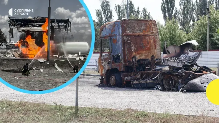 Пошкоджена автозаправна станція та згорілі автомобілі після ворожих обстрілів на Херсонщині 3