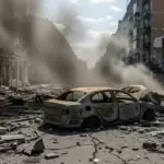 Зруйнований автомобіль після атаки FPV-дрона в Херсоні, дим, уламки