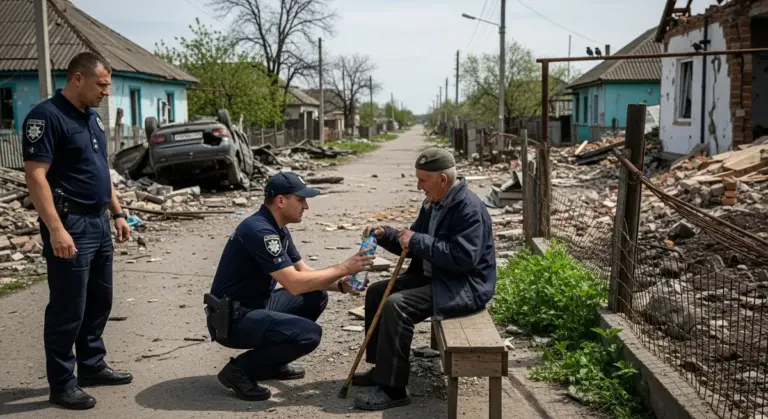 Поліцейські евакуюють чоловіка з Новоолександрівки на Херсонщині, який потребує медичної допомоги після руйнування будинку