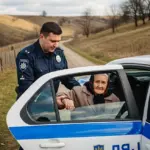 Поліцейський допомагає літній жінці сісти в автомобіль, який евакуює її з прифронтового села