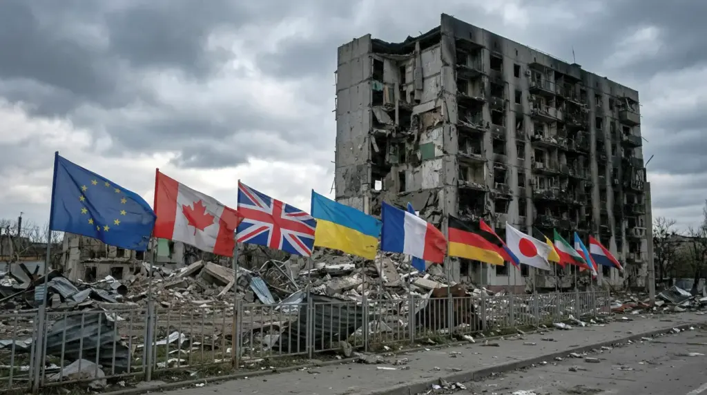 Прапори НАТО на саміті в Анкарі на тлі зруйнованого міста, 2026 рік
